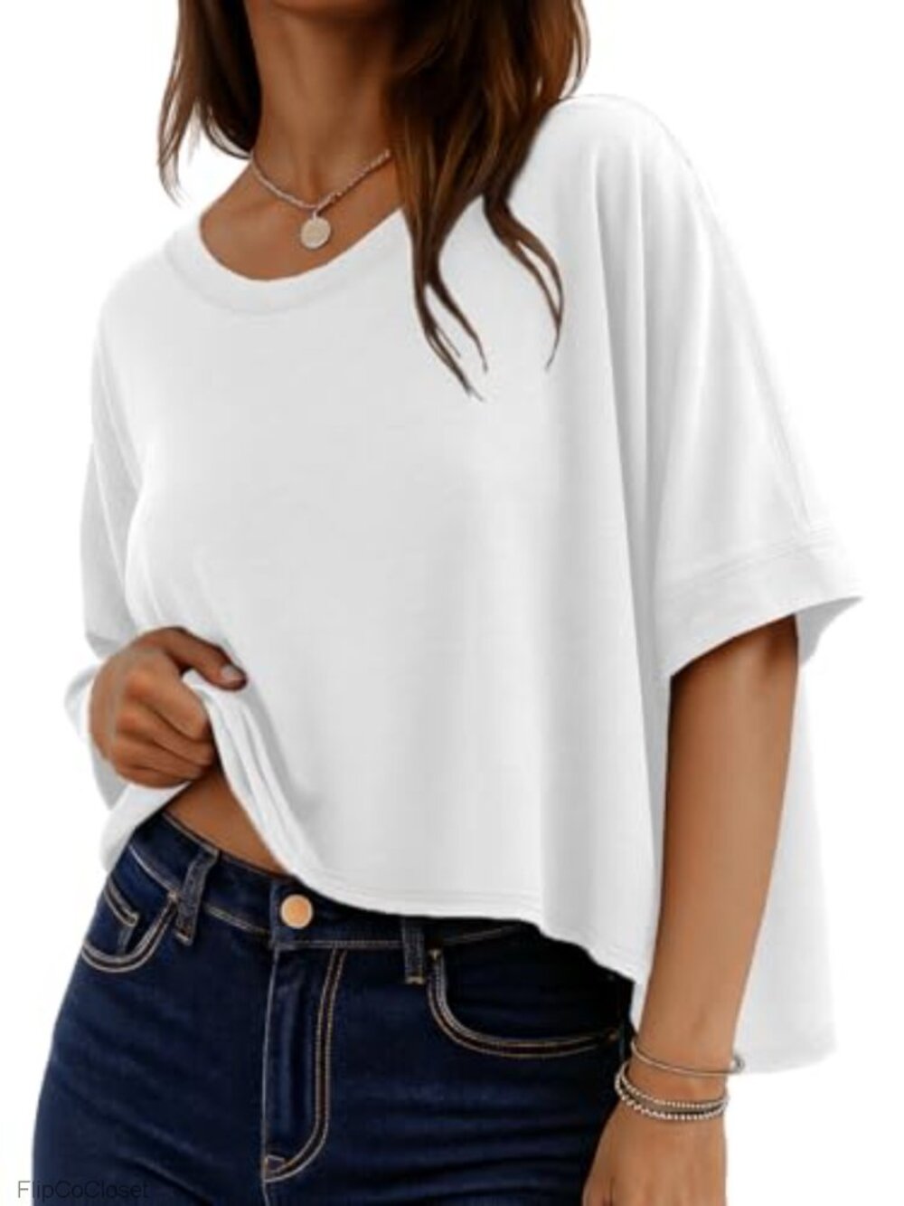 Oversized Crop Top Women Summer Flowy Half Sleeve Tee